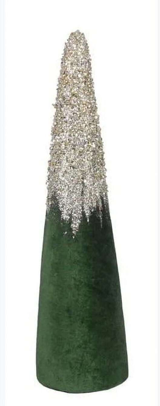 Beautiful Velvet Green Christmas Cone Tree Gold Glitter 18.5" Holiday Tabletop